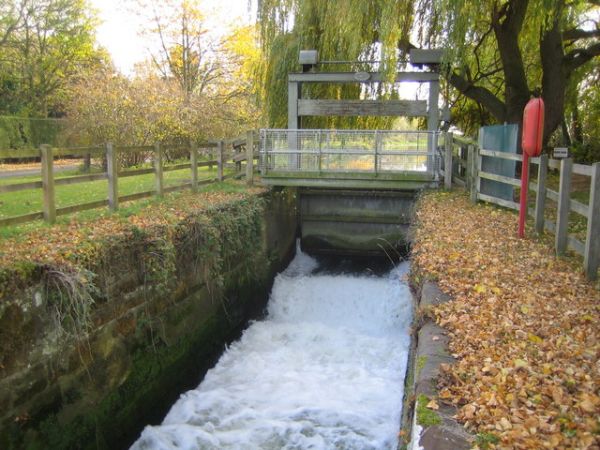 River Ivel passing through a sluice gate at Holme Mills